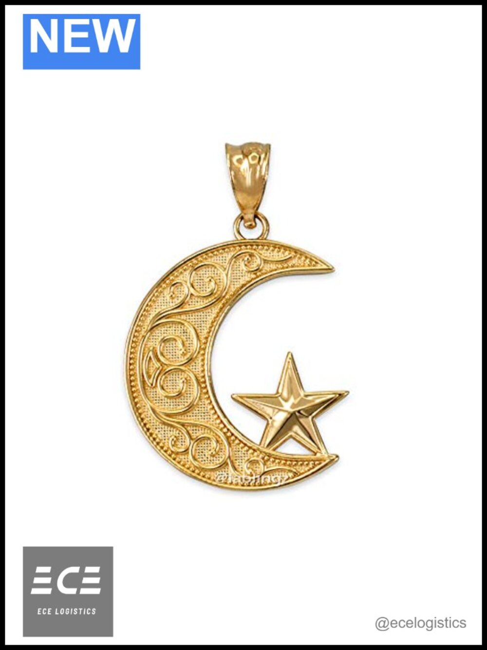 14K Yellow Gold Islamic Crescent Moon Pendant Polished Religious Jewelry